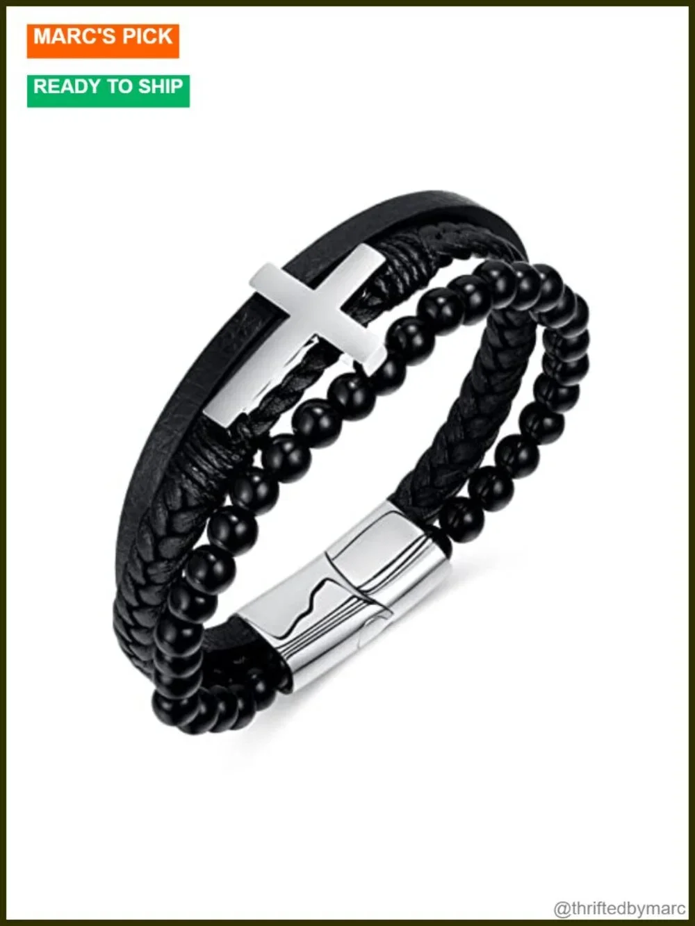 Men's Christian Cross Double Row Braided Leather Cuff Bracelet Stainless Steel